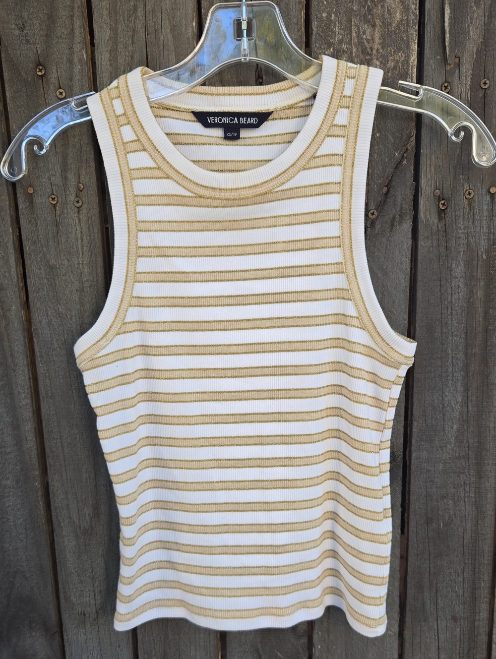 Veronica Beard Cream & Tan Striped Ribbed Sleeveless Tank
